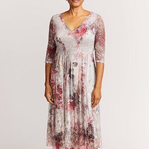 Komarov Dress XL Floral Charmeuse‎ Lace Cocktail Midi Wedding Guest 3/4 Sleeve